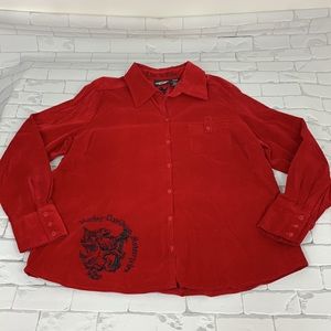 Harley Davidson Biker soft corduroy long sleeve button down top. Red & Black